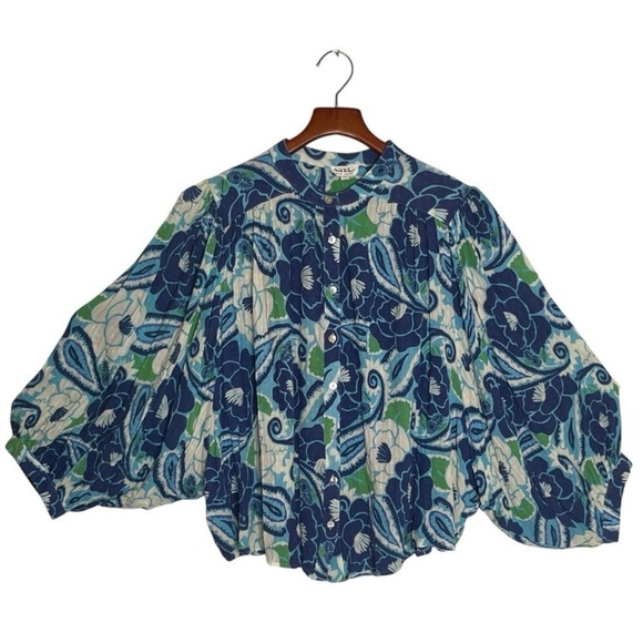 Nicole Miller Blue Green Floral Paisley Print Bishop Sleeve Button Front Top - Picture 10 of 10